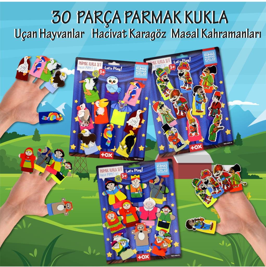 3 Set - 30 Pieces Hacivat Karagöz, Fairy Tale Heroes and Flying Animals Finger Puppet