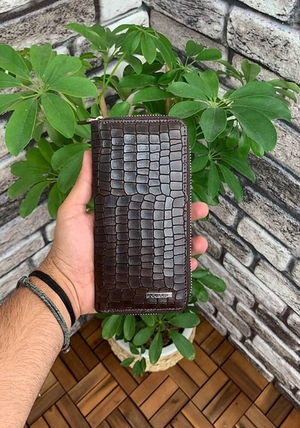 Brown Croco Printed Zippered Portfolio Wallet