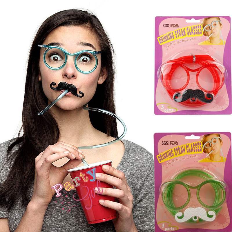 Straw Party Glasses - Kids and Adults Mustache Straw Glasses Pink Color 18x14 cm