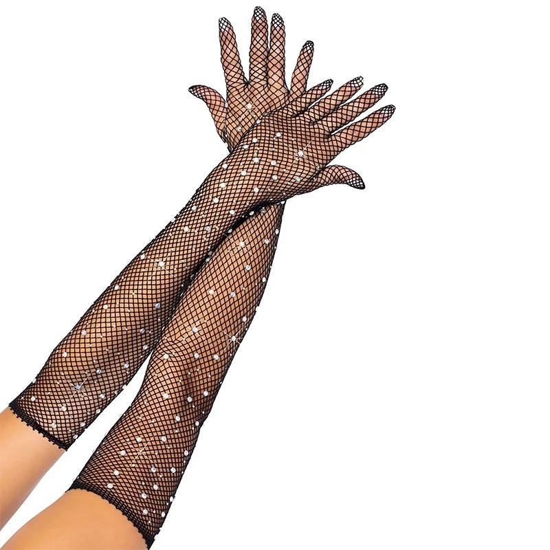 Black Color Pearl Diamond Embroidered Mesh Knit Long Gloves 45 cm