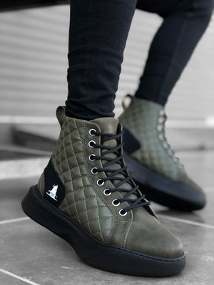 Lace-up Khaki Quilted Men's High Sole Sport Boots