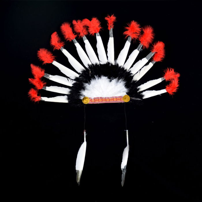 Black Red Big Indian Indian Headgear with White Feathers