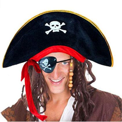 Adult Size Velvet Captain Jack Sparrow Pirate Hat and Plastic Pirate Eye Mask