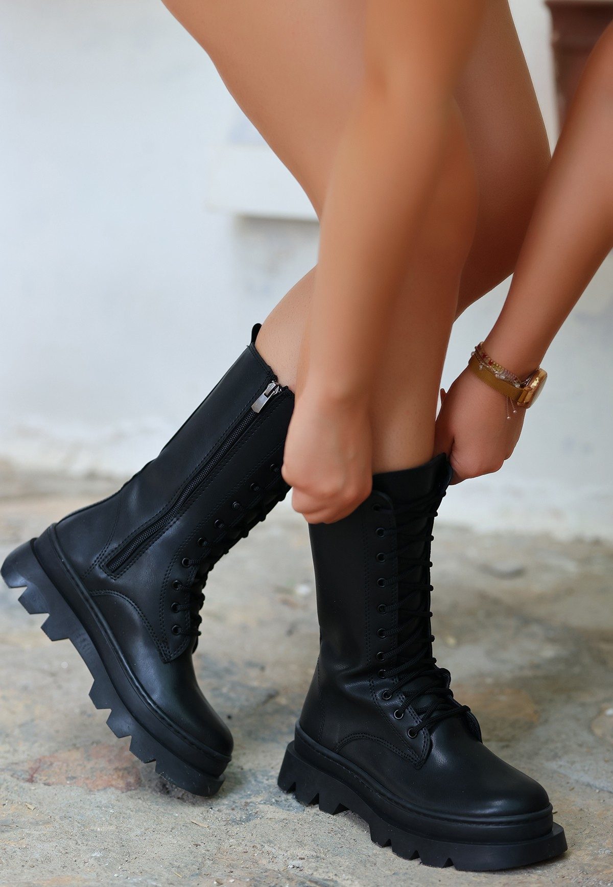 Black Skin Lace-Up Boots