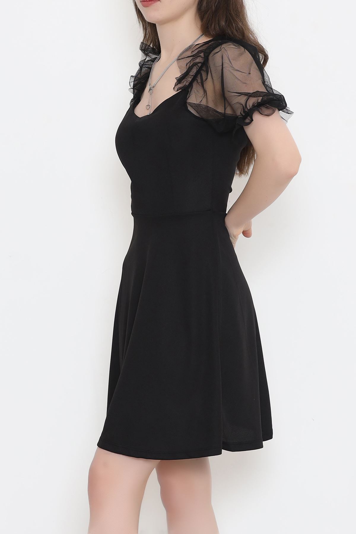 V Neck Dress with Tulle Sleeves Black