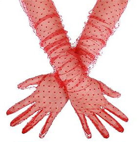 Long Length Red Polka Dotted Red Color Adult Tulle Gloves 55 cm