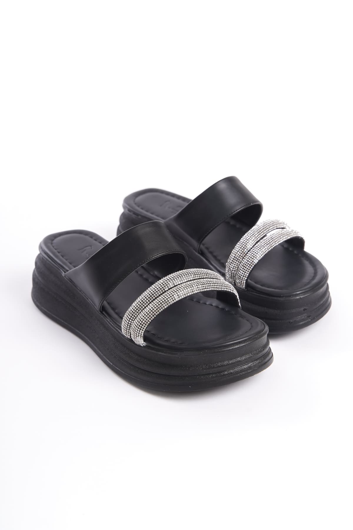 CLZ948 Flat Heeled Stone Striped Thick and Orthopedic Sole Women's Slippers ST Black