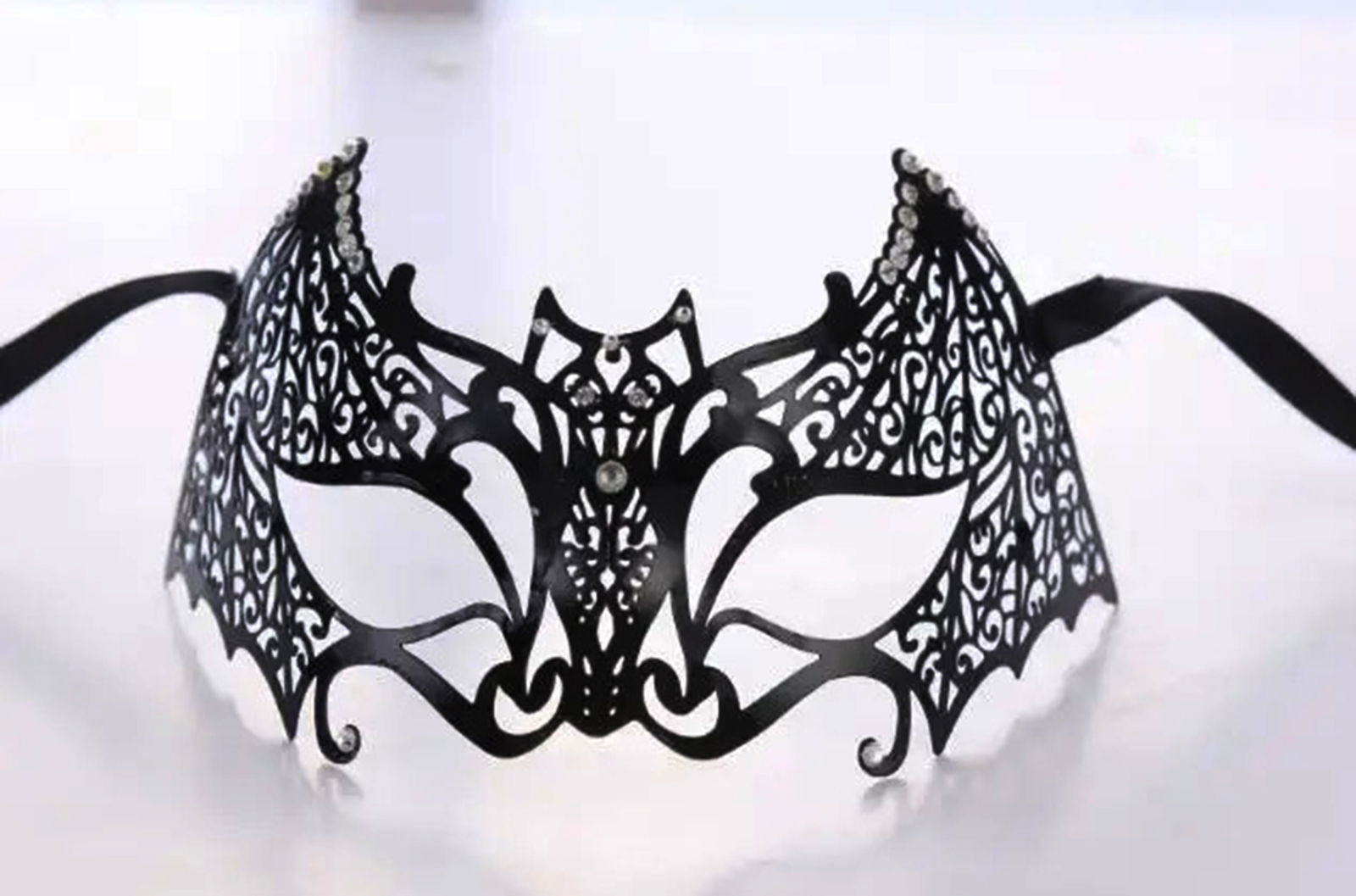 Black Color Laser Cut Metal Mask Bat Venice With Crystal Stones