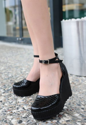 Black Patent Leather Filled Heel Shoes