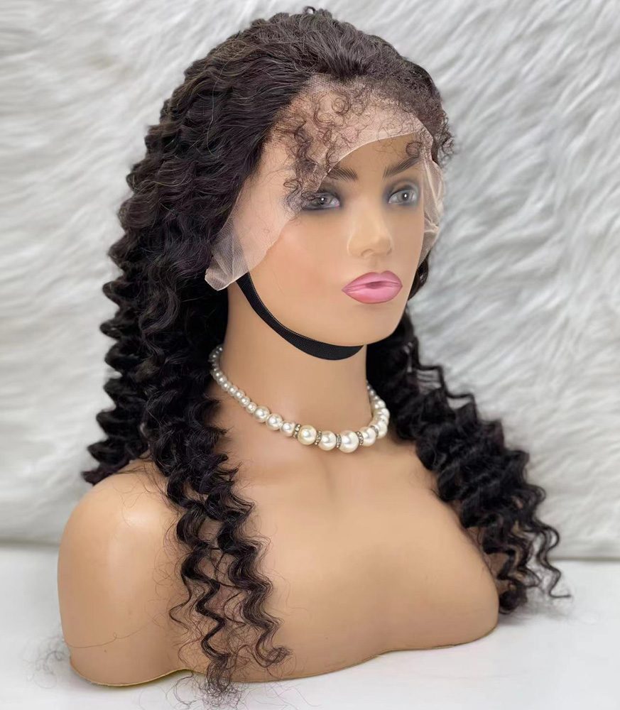 Real Hair Front Lace Tulle Wig / Deep Wavy / Natural 60/65cm