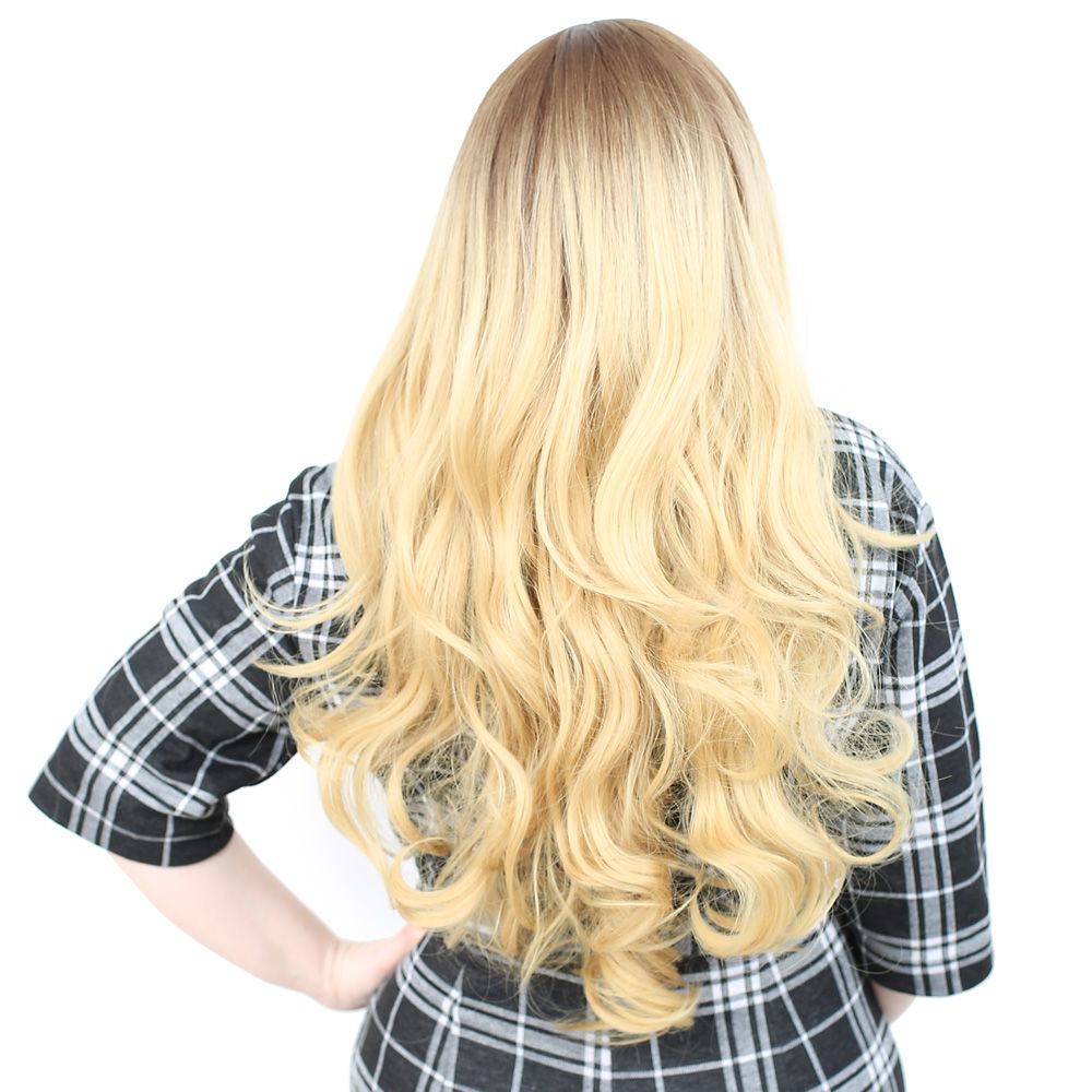 Super Dense Wavy Kanekalon Fiber Synthetic Long Bangs Wig / Auburn / Yellow Ombré