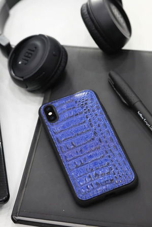 Navy Blue Crocodile Print Leather iPhone X/XS Case