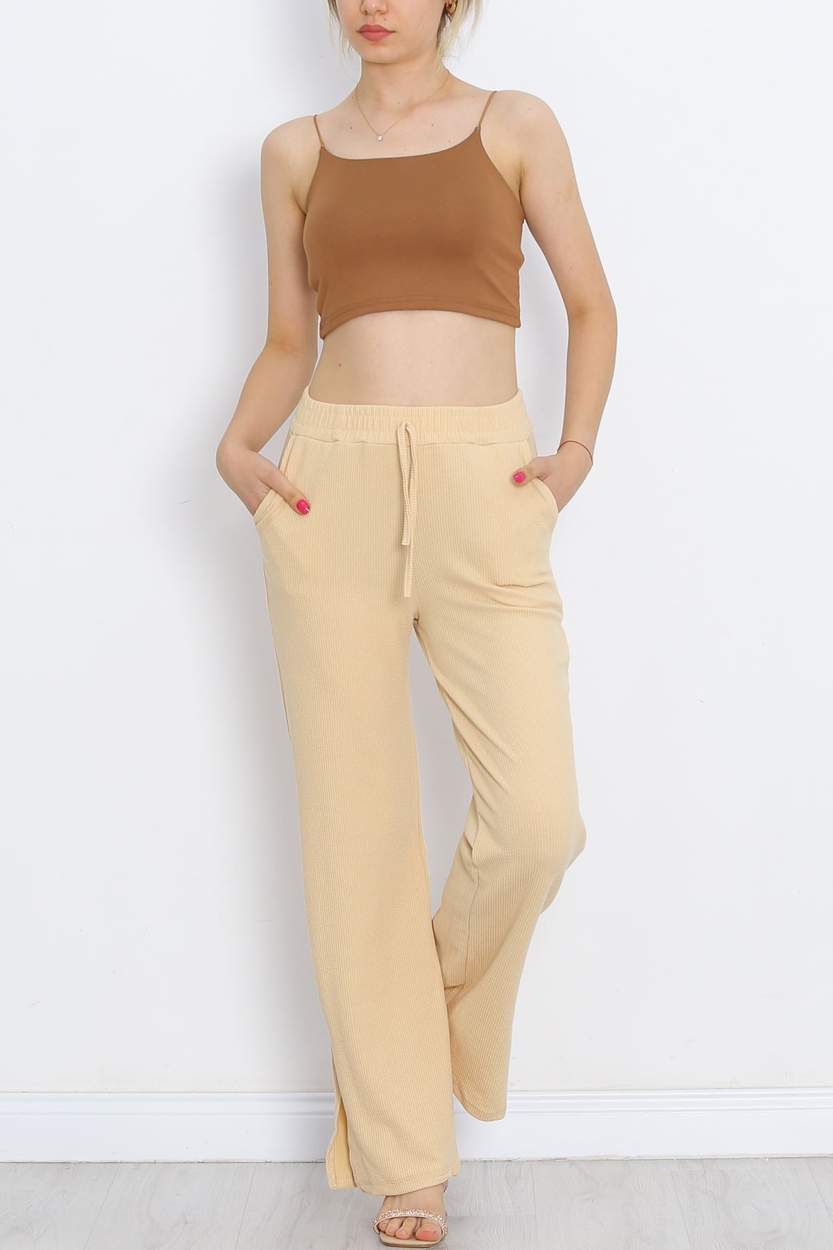 Trousers with Cuff Slits Beige