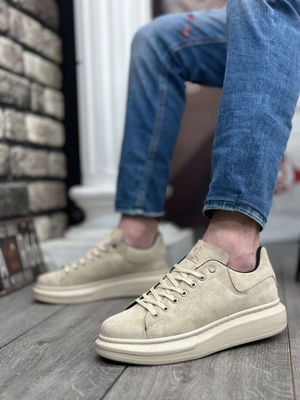 Thick High Cream Sole Cream Suede Lace-Up Sneakers For Men