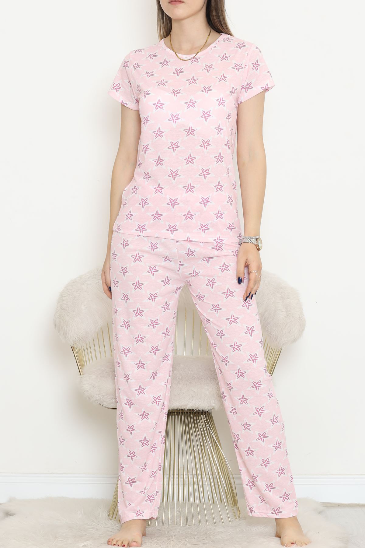 Patterned Pajama Set Pink and White