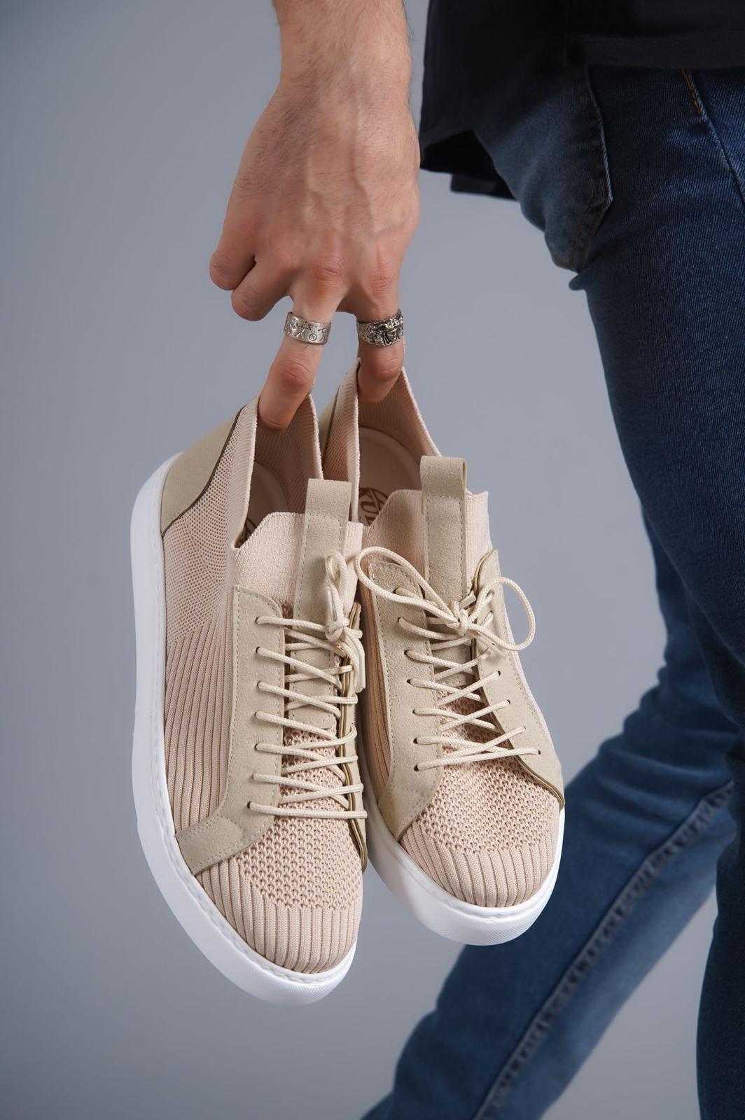 Beige Tricot Lace-up Casual Men's Shoes