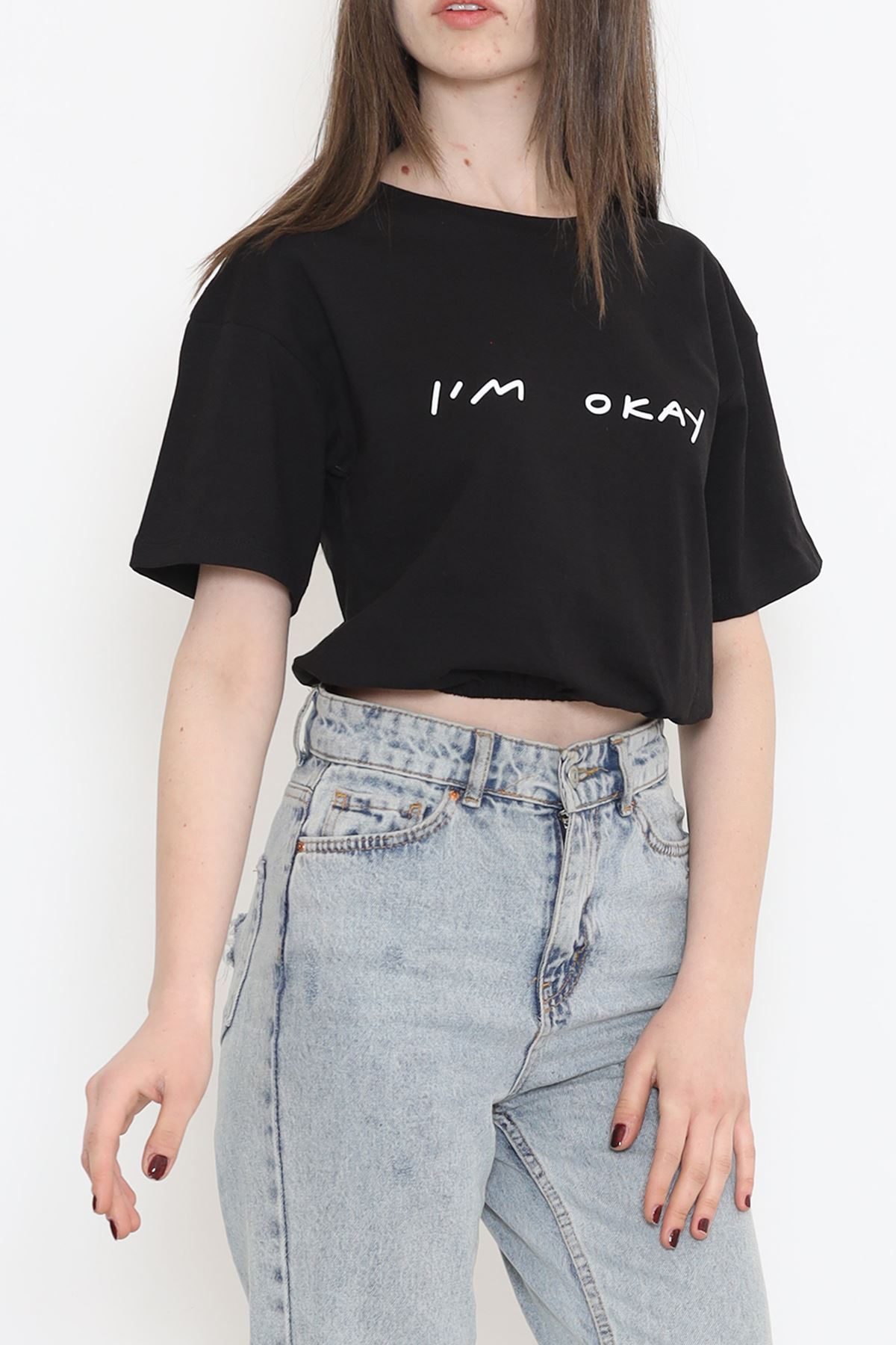 Elastic Waist Crop T-Shirt Black