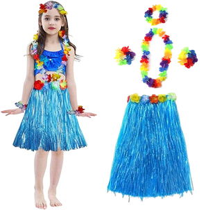 Adult and Child Compatible Hawaii Luau Aloha Blue Tassel Skirt Necklace Necklace Crown and 2 Piece Bracelet Set