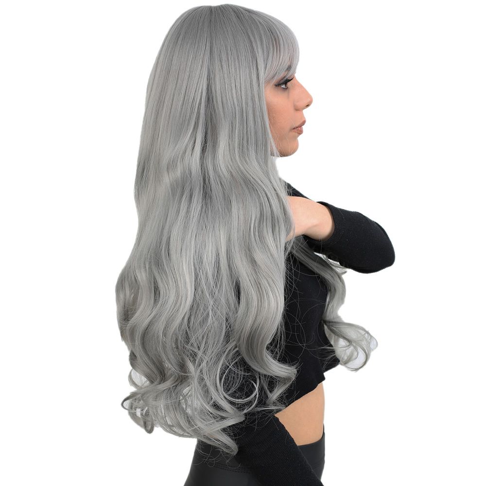 Long Wavy Kanekalon Fiber Synthetic Wig with Custom Bangs / Gray