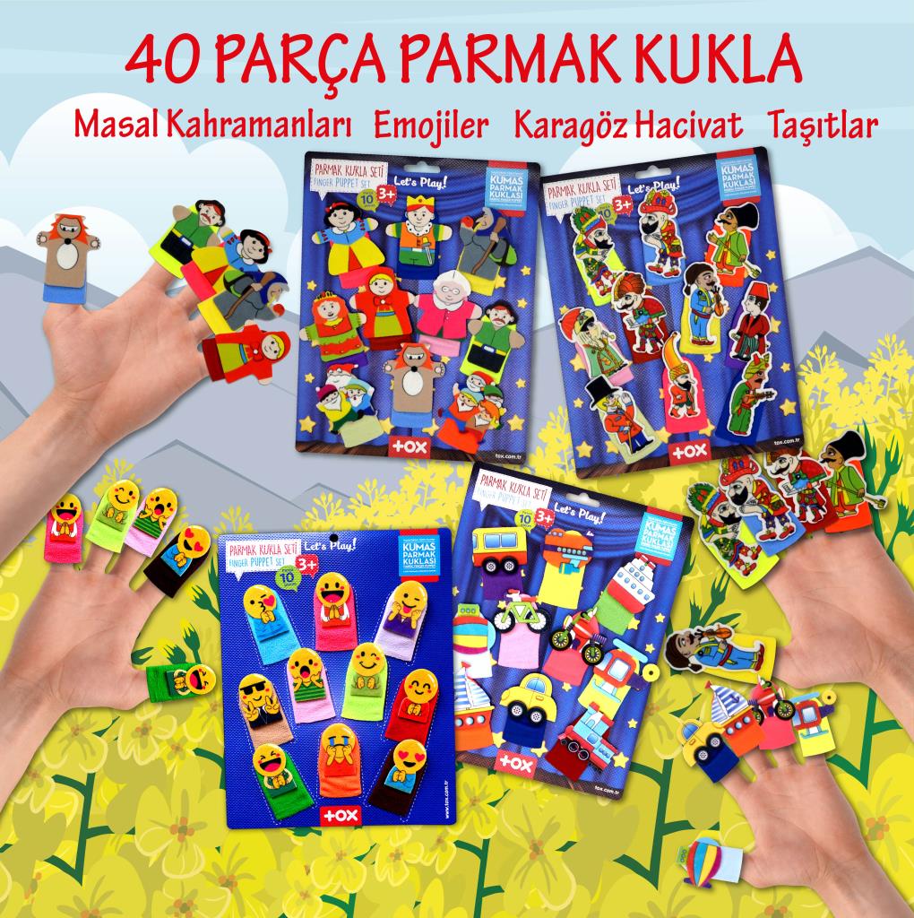 4 Set - 40 Pieces Fairy Tale Heroes, Emojis, Karagöz Hacivat and Vehicles Finger Puppet