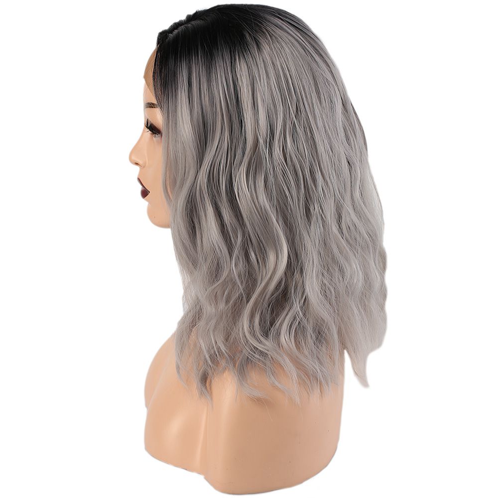 Kanekalon Fiber Synthetic Wavy Short Tulle Wig / Black Gray Ombré