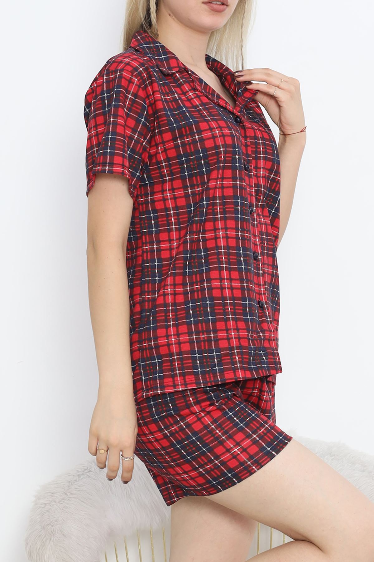 Front Button Shorts Suit PlaidRed