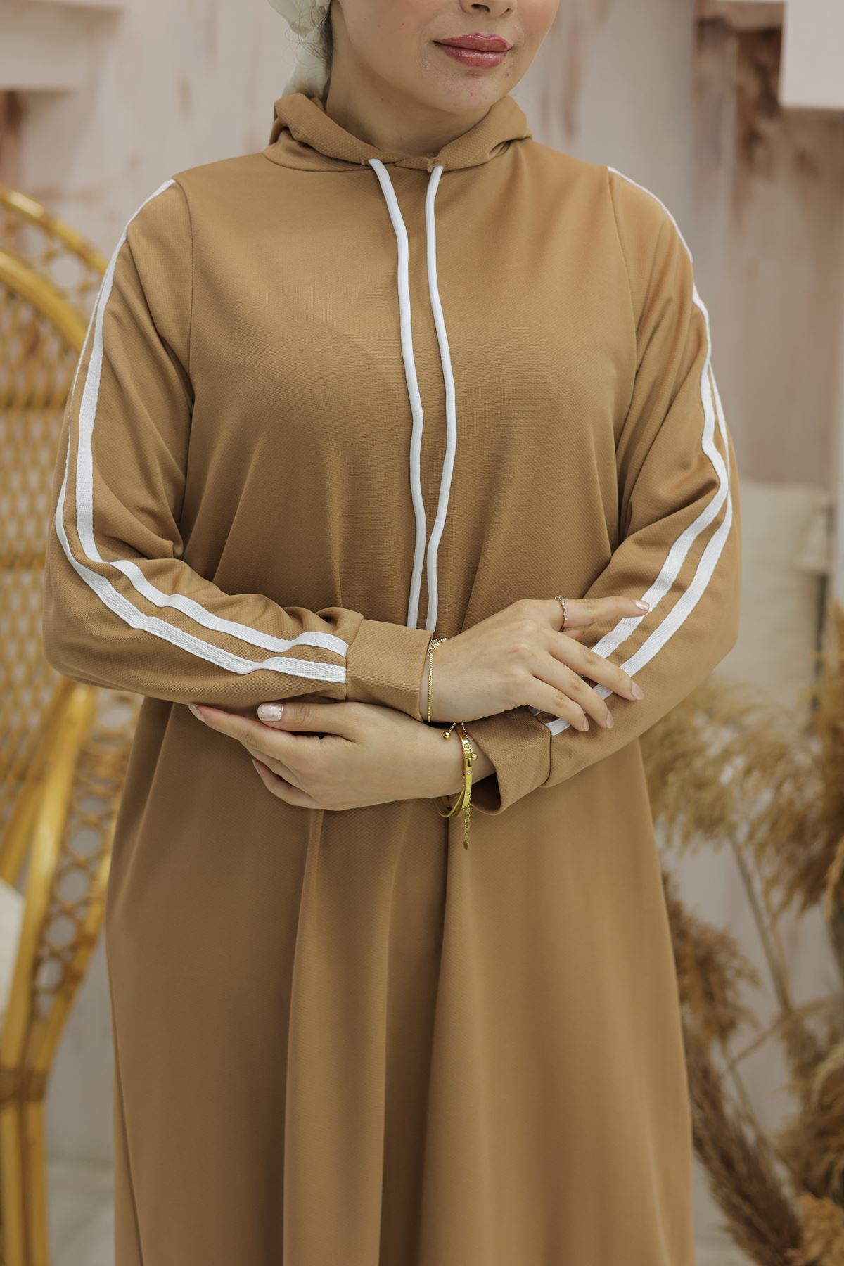 Hooded Stripe Detailed Dress Beige