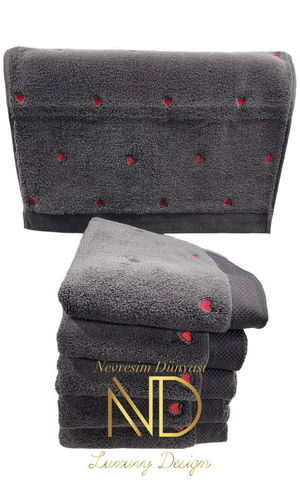 Lubow Love Dark Gray Red Embroidered 50x90 Towel Set of 6