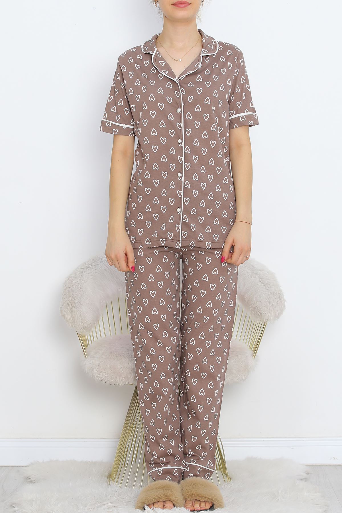 Button Pajama Set Brown-White