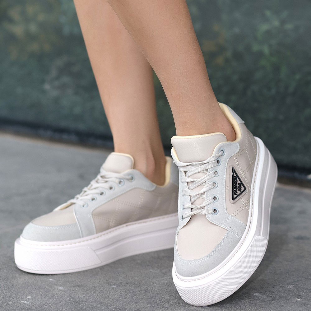 Beige Skin Lace-Up Sneakers