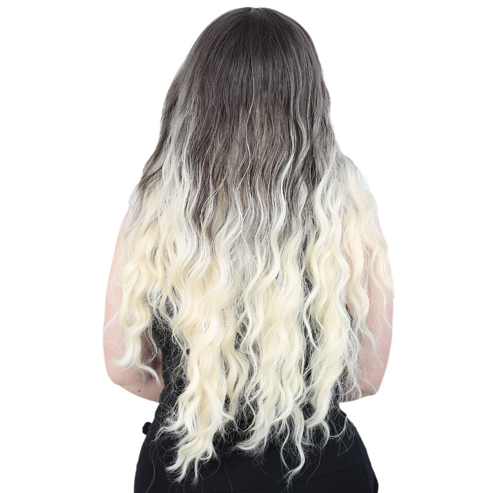 Kanekalon Fiber Synthetic Wig / Ashy Black / Platinum Ombré with Water Wavy Look and Long Bangs