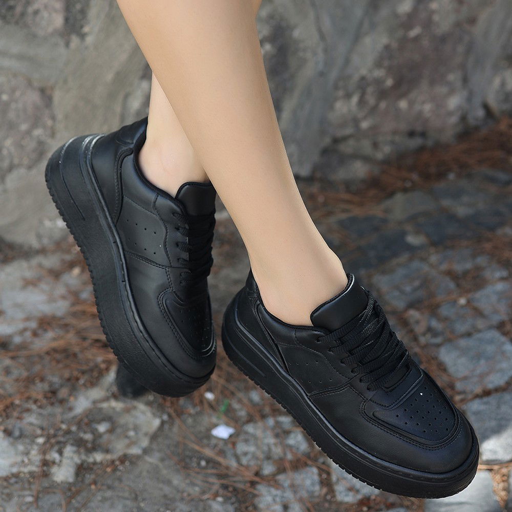 Black Skin Lace-Up Sneakers