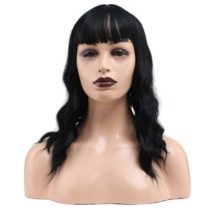 Kanekalon Fiber Synthetic Wig with Wavy Short Custom Bangs / Black