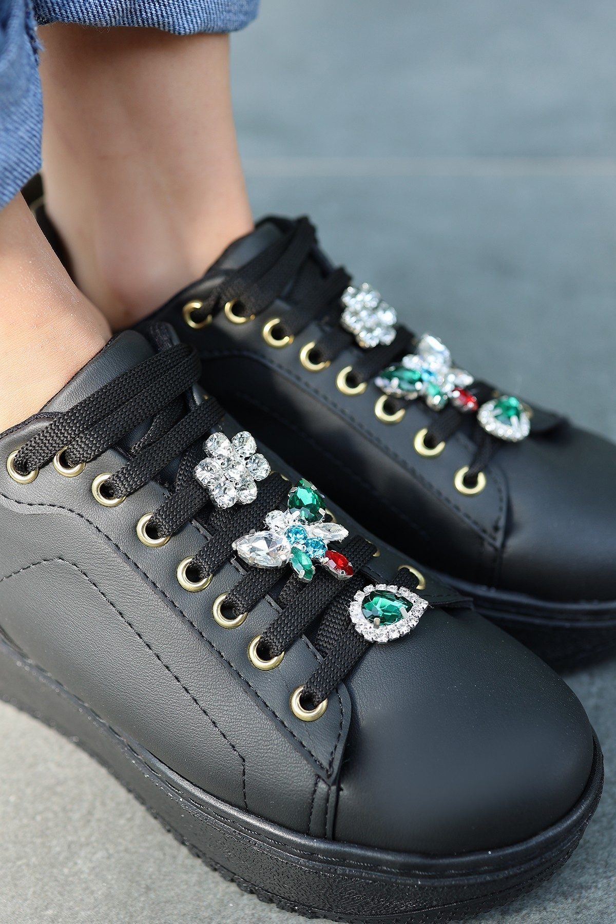 Black Skin Stone Lace-Up Sneakers