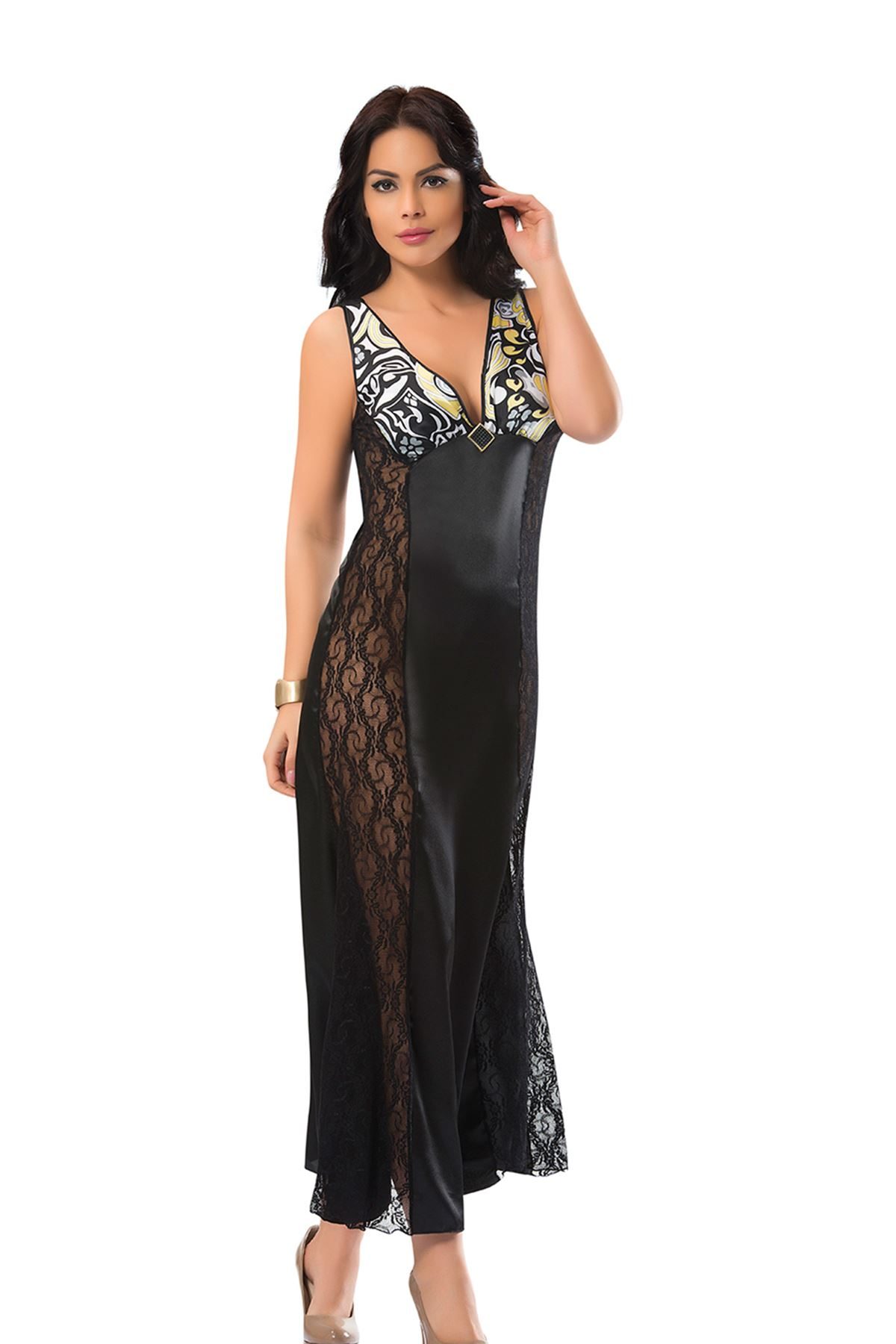 Black Lace Satin Nightdress