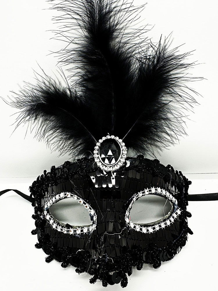 Black Color Sequin Sequin Feather Party Mask 17x20 cm