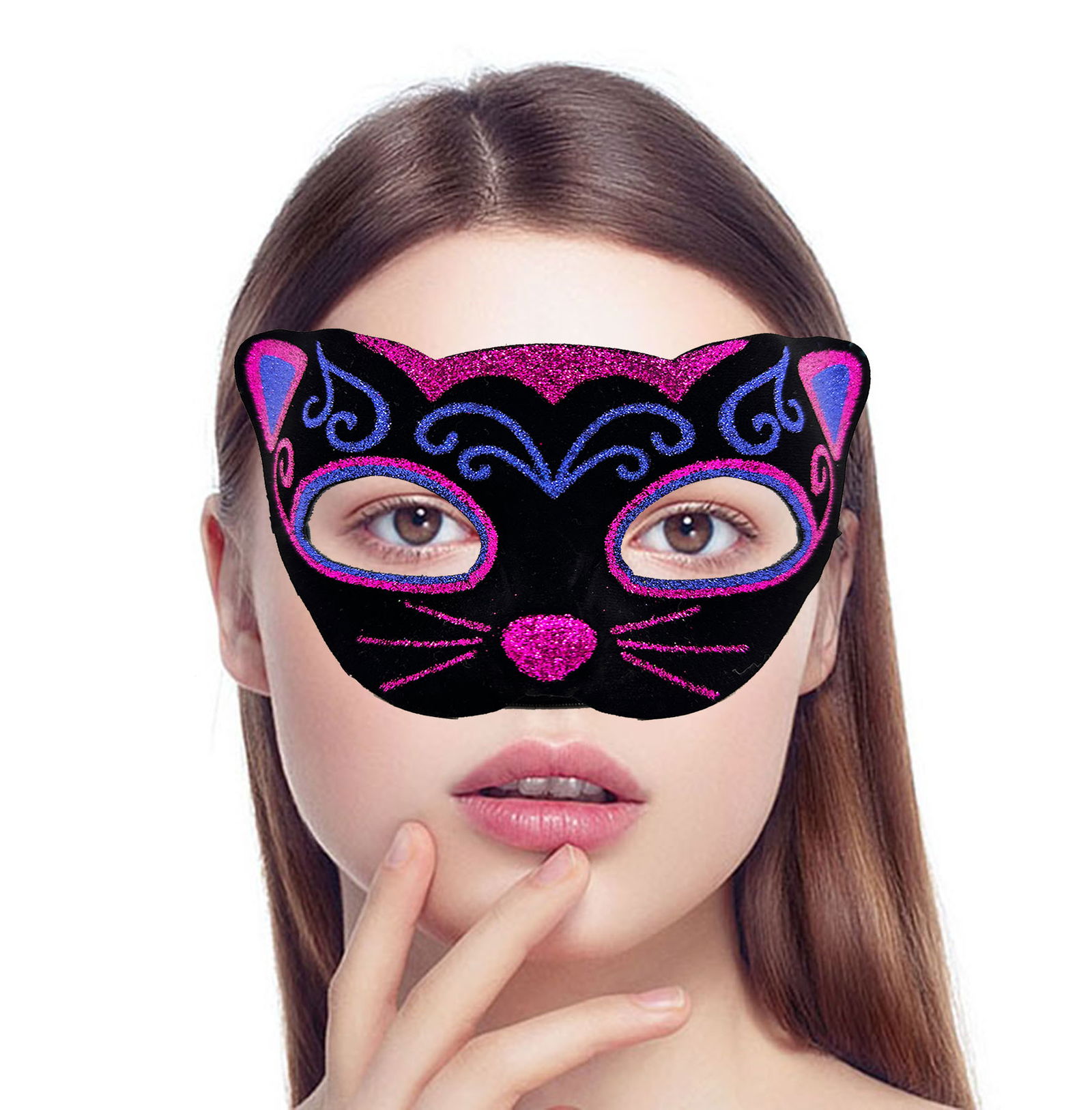 Pink Blue Glitter Embroidered Cat Mask on Black Velvet Cover 20x13 cm