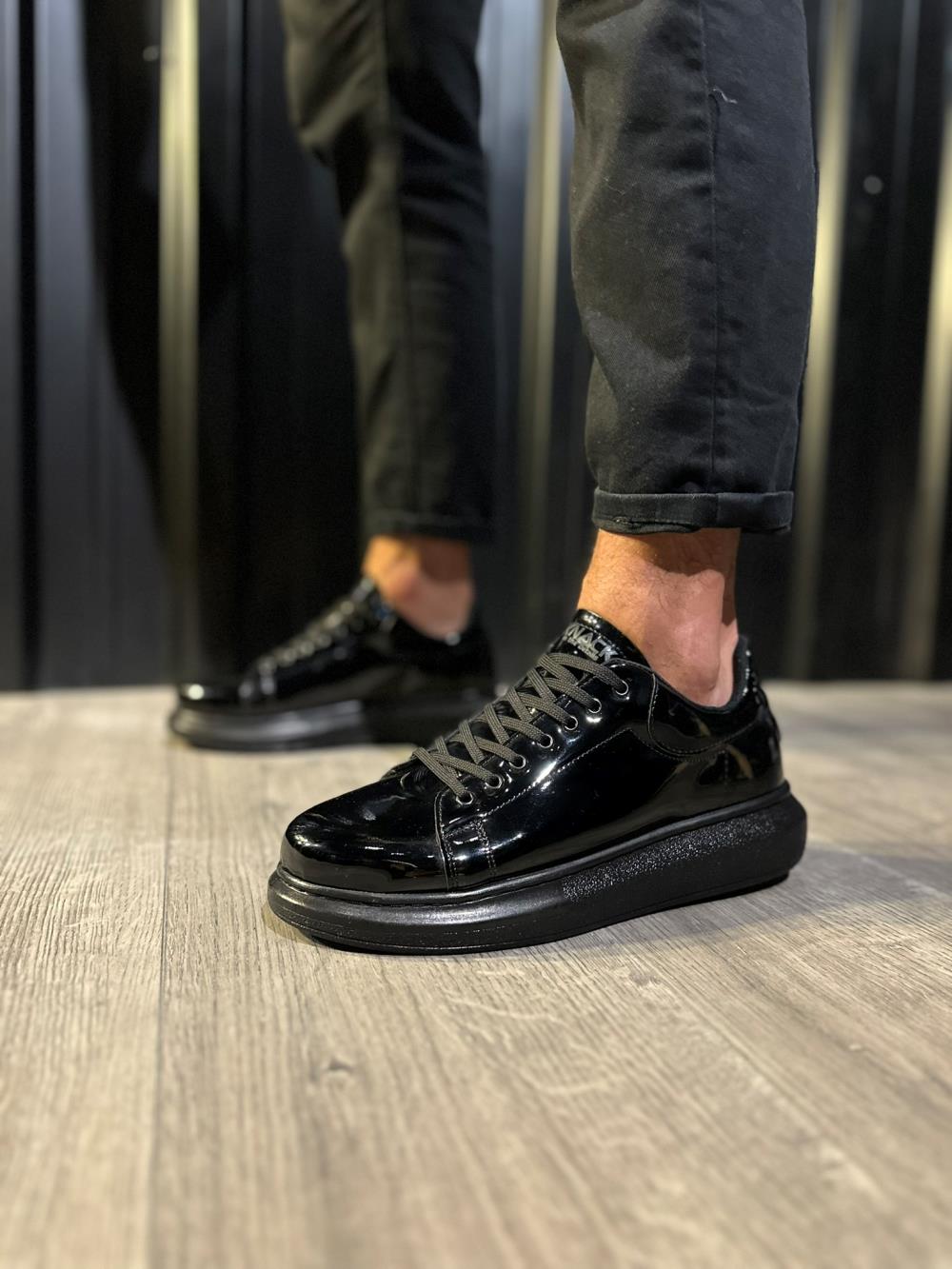 High Sole Casual Shoes Black Patent Leather (Black Sole)