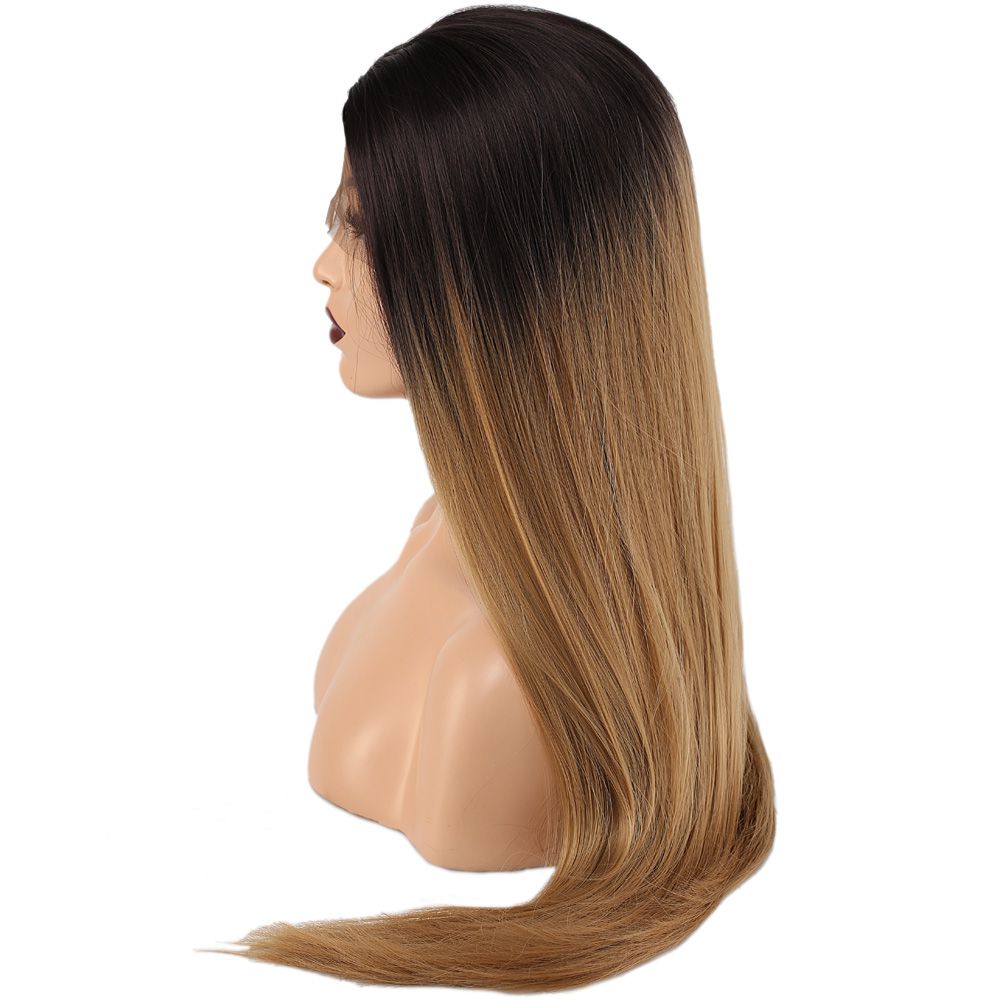 Kanekalon Fiber Synthetic Straight Long Tulle Wig / Black Caramel Medium Ombré