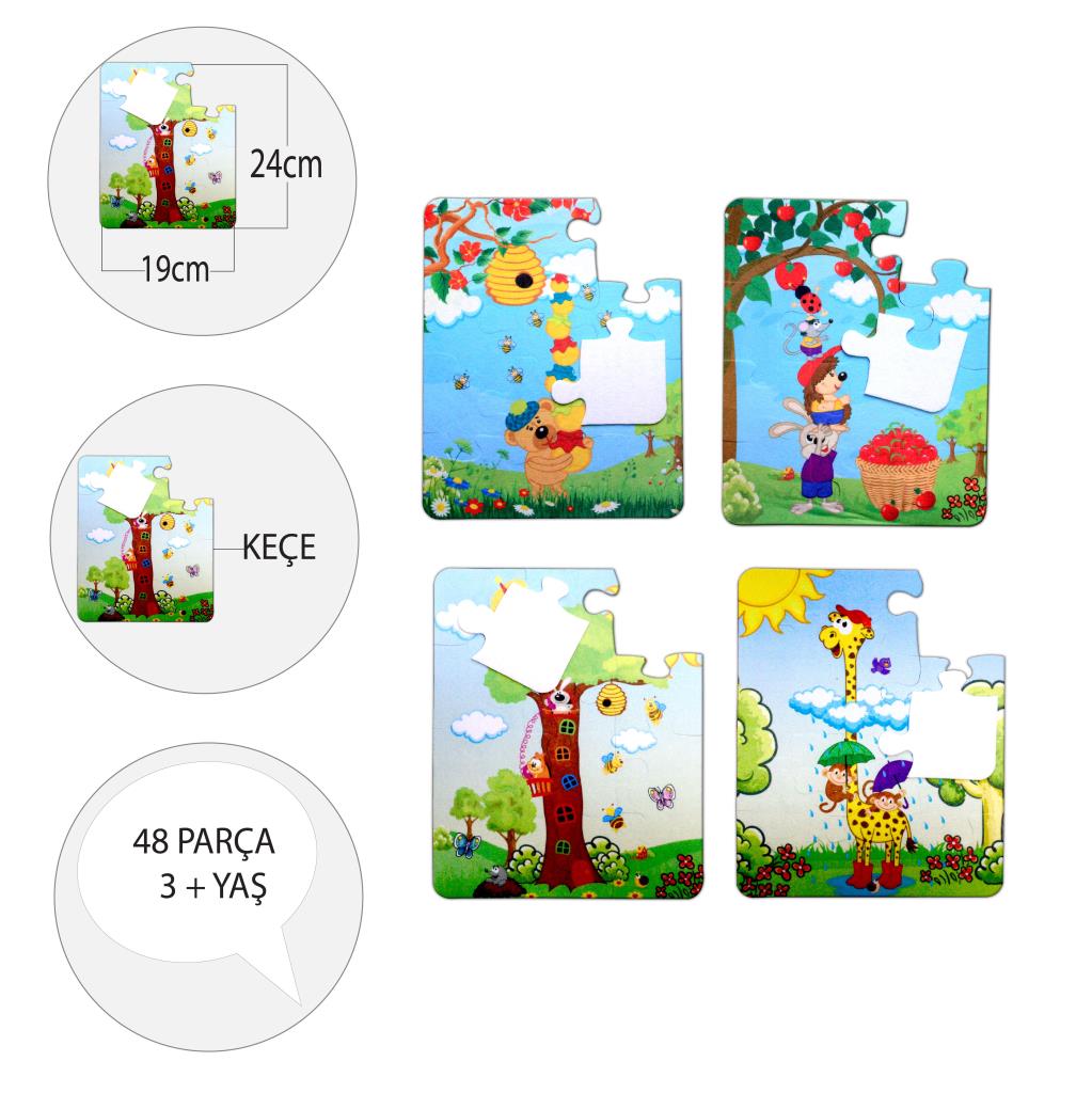 4 Set - 48 Piece Zurafa and Apple Bear 3+ Felt Jigsaw Puzzle - 3 Year Old Puzzle