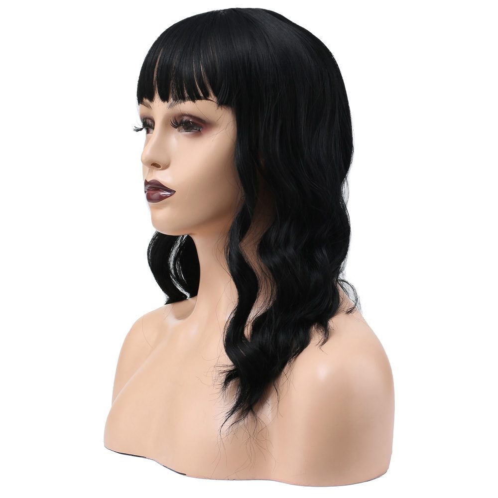 Kanekalon Fiber Synthetic Wig with Wavy Short Custom Bangs / Black