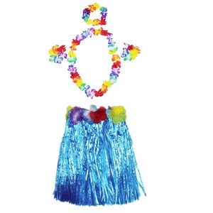 Luau Aloha Hawaii Party Skirt, Crown and Bracelet Set Blue