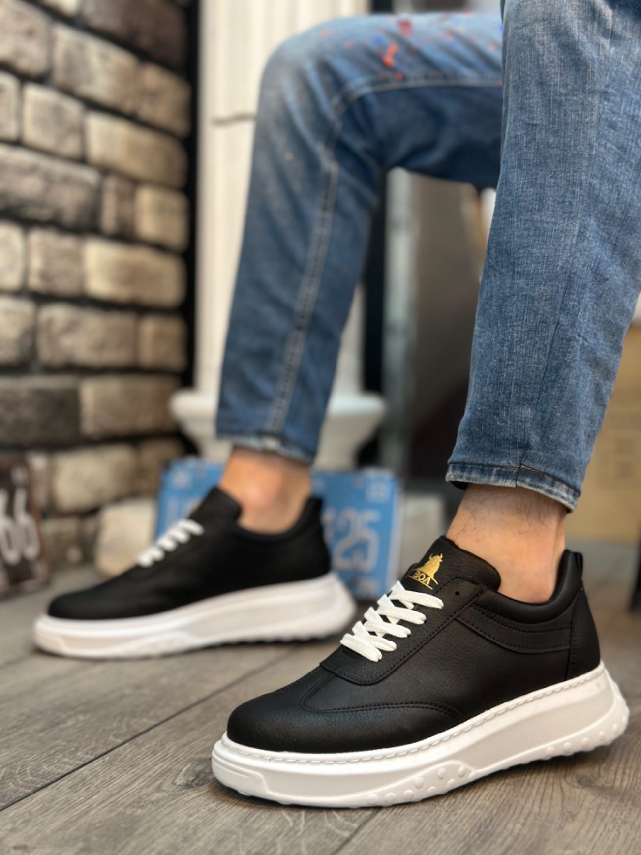 Thick High Sole Black Lace-Up Sneakers For Men