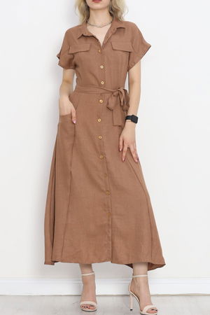 Pocket Detail Belted Dress Coffee