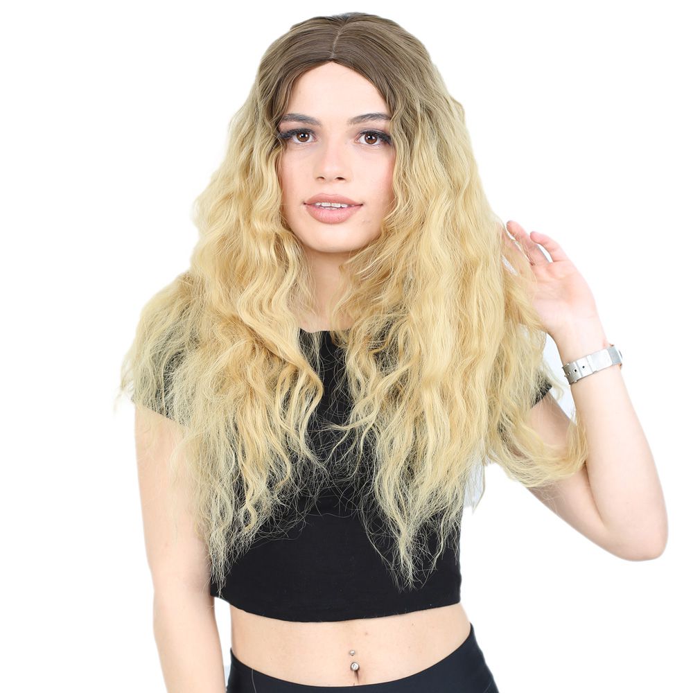 Fluffed Wavy Long Kanekalon Fiber Synthetic Wig / Auburn / Yellow Ombré