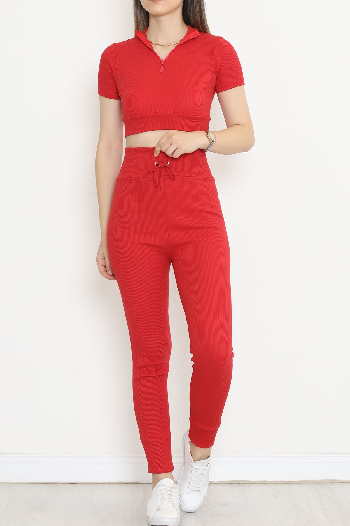 Camisole Zippered Short Sleeve Suit Red