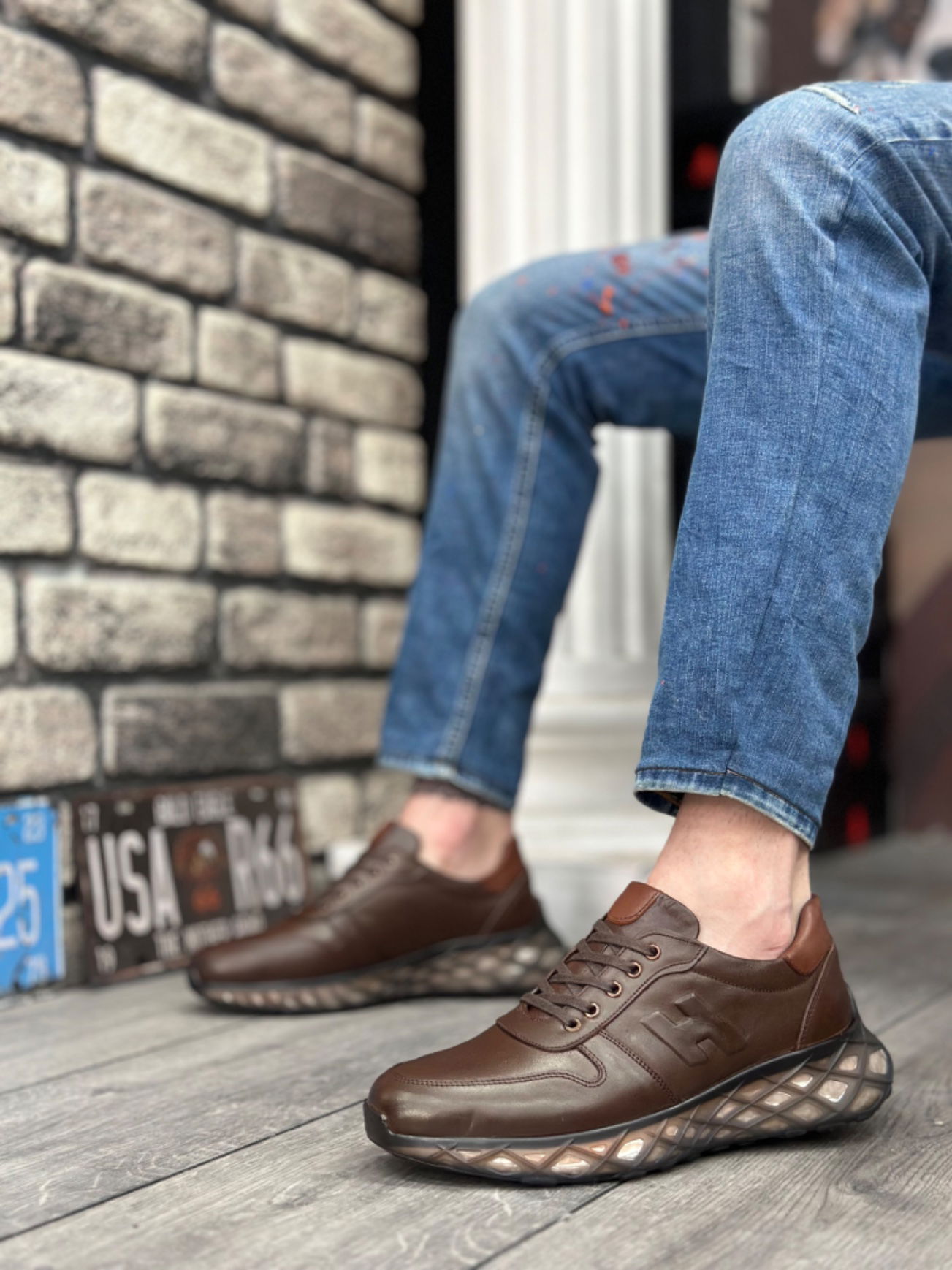 Inside Out Genuine Leather Comfortable Sole H Detailed Brown Sneakers Casual Men's Shoes