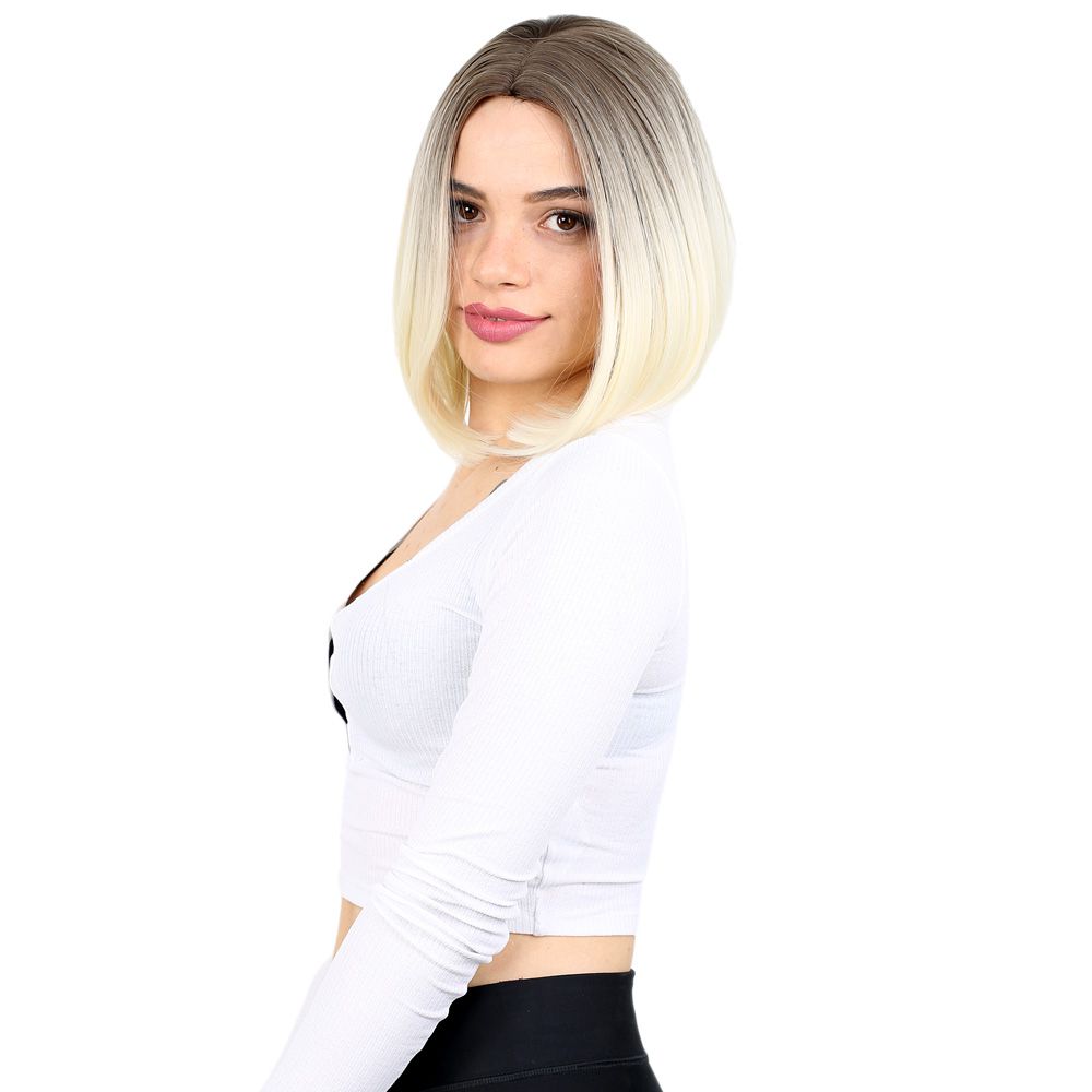 Straight Short Kanekalon Fiber Synthetic Wig without bangs / Ashy Light Brown / Platinum Ombré