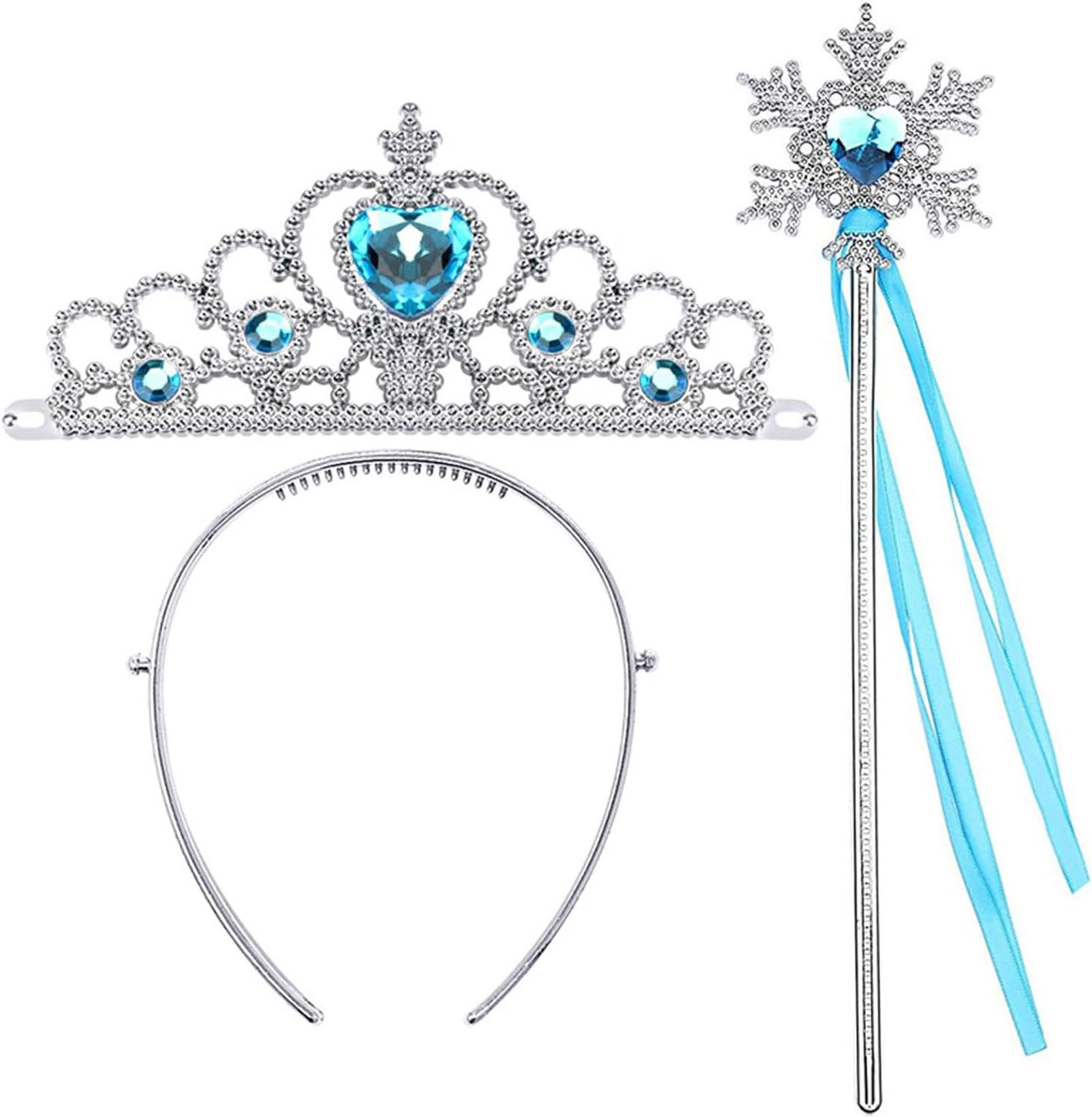 Frozen Elsa Blue Heart Crown and Snow Themed Wand Set