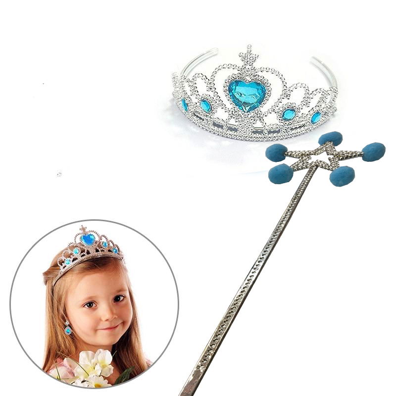 Frozen Elsa Staff with Blue Pompom and Elsa Crown with Blue Heart Stones